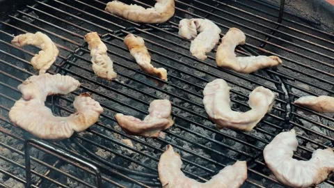 Grilled intestines to crispy texture. Chinchulin is the small intestine of an Stock Footage 321356650
