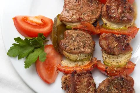 Grilled kebab with vegetables Stock Photos