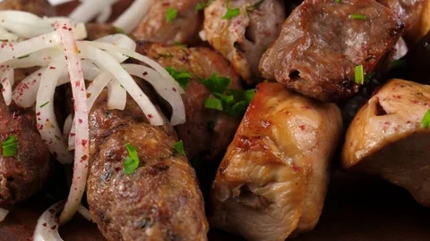 Grilled Kebabs, different kinds of meat cooked on grill 스톡 동영상 83165139