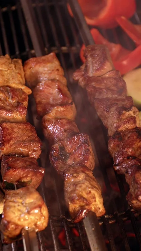 Grilled kebabs with mashrooms Stock Footage 219015253
