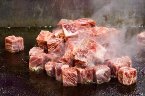 Grilled Kobe Beef Cube, Kobe beef teppanyaki Steak Stock Photos