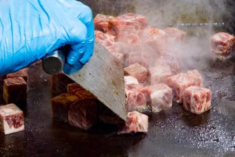 Grilled Kobe Beef Cube, Kobe beef teppanyaki Steak Stock Photos