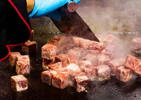 Grilled Kobe Beef Cube, Kobe beef teppanyaki Steak Stock Photos