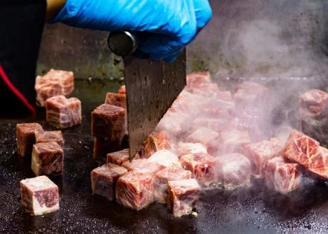 Grilled Kobe Beef Cube, Kobe beef teppanyaki Steak Stock Photos