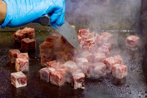 Grilled Kobe Beef Cube, Kobe beef teppanyaki Steak Stock Photos