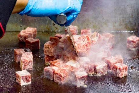 Grilled Kobe Beef Cube, Kobe beef teppanyaki Steak Stock Photos