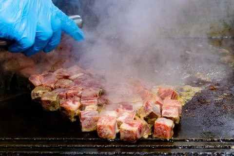 Grilled Kobe Beef Cube, Kobe beef teppanyaki Steak Stock Photos