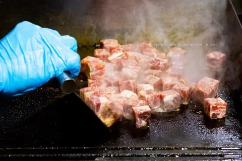 Grilled Kobe Beef Cube, Kobe beef teppanyaki Steak Stock Photos
