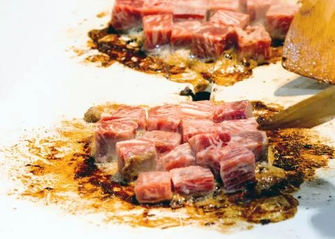 Grilled Kobe Beef Cube, Kobe beef teppanyaki Steak Stock Photos