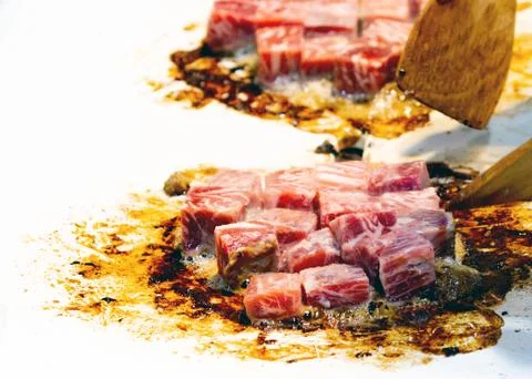 Grilled Kobe Beef Cube, Kobe beef teppanyaki Steak Stock Photos