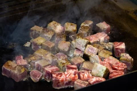 Grilled Kobe Beef Cube, Kobe beef teppanyaki Steak Stock Photos