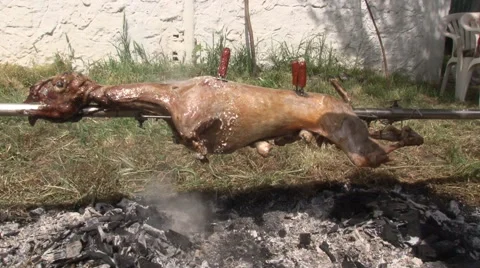 Grilled lamb is sprayed beer Stock Footage 49784943