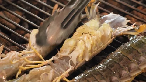 Grilled Mantis Shrimp Split Open on Barbecue Grill Mesh Stock Footage 344222227