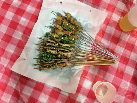 Grilled Meat and Skewers on Red Checkered Picnic Tablecloth Stock-Fotos
