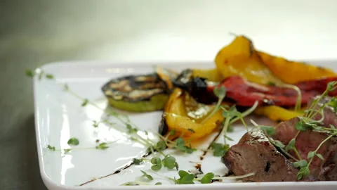 Grilled Meat and Vegetables Stock Footage 132216431