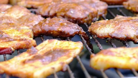 Grilled meat on the barbecue Stock Footage 132828956