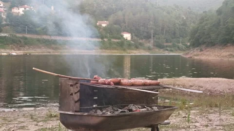 Grilled meat cooked by the river Stock Footage 158836790