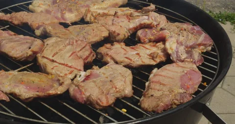 Grilled meat on grill Stock Footage 144841220