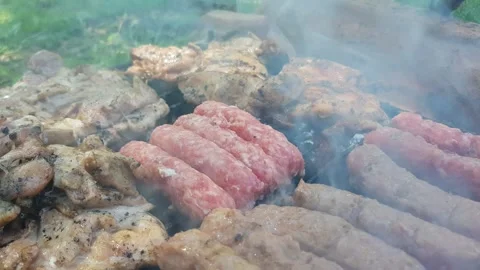 Grilled meat on the grill Stock Footage 245896923