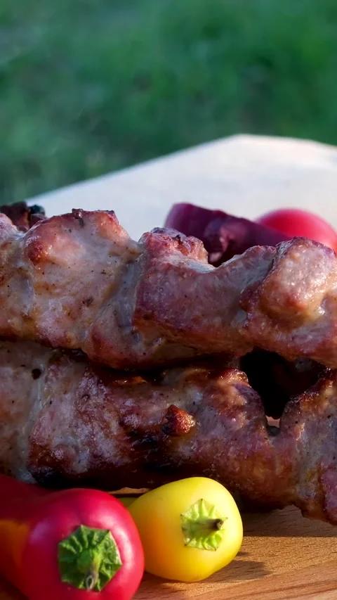 Grilled meat on the grill with open fire. Shashlik, traditional Georgian food Stock Footage 302599205