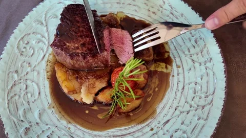 Grilled meat with mashed potatoes close up Stock Footage 335598174