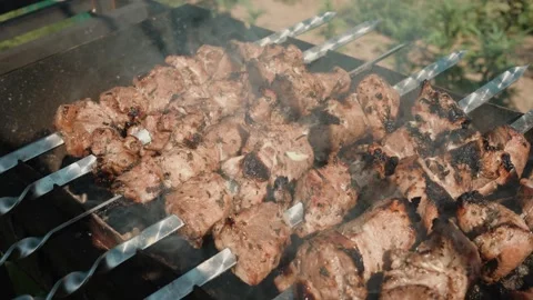 Grilled meat on an open fire, shish kebab Video stock 205852848