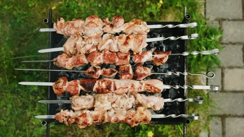 Grilled meat skewers on barbecue grill with fresh herbs and green grass Stock Footage 313333053