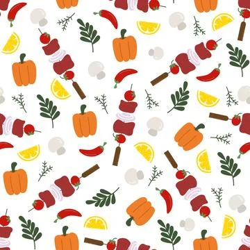 Grilled meat with vegetables seamless pattern Illustrazione stock