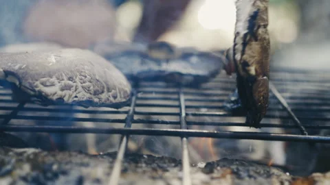 Grilled mushrooms on open fire Stock Footage 274683487