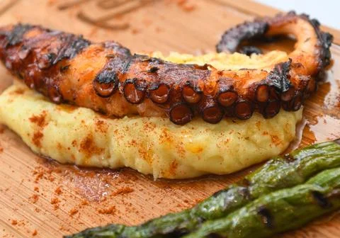 Grilled octopus with mashed potatoes and asparagus on wooden board Stock Photos
