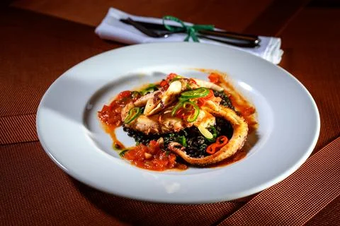 Grilled octopus with vegetables. Stock Photos