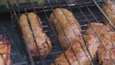 Grilled pieces of red meat. Stock Footage 199591269