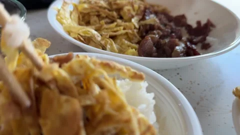 Grilled pork and egg with cooked sticky white rice (instant white rice) 스톡 동영상 329011215