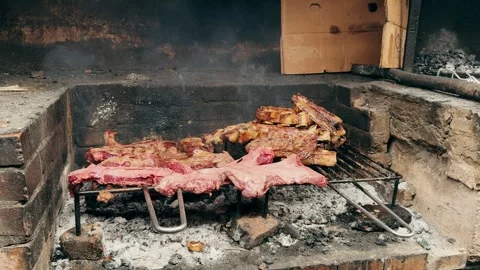 Grilled pork, beef, lamb, chicken and vegetables. Picnic meal. BBQ meat grill on Stock Footage 303596218