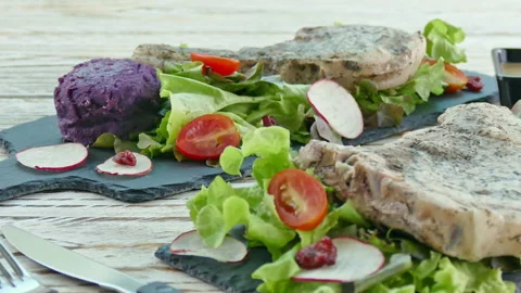 Grilled Pork chop steak Stock Footage 154348980