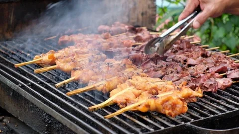 Grilled pork on the grill, slow motion, full HD 1920x1080 Stock Footage 90958105