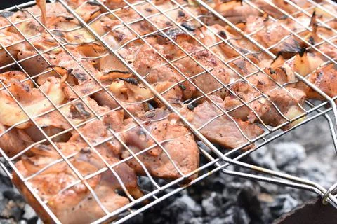 Grilled pork meat in a barbecue net with spices Stock Photos
