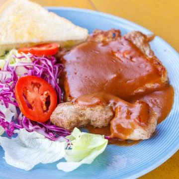 Grilled pork steak with bread Stock Photos
