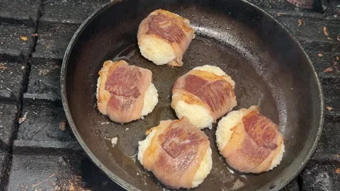 Grilled Pork Wrapped Rice Balls In A Frying Pan Top View Nikumaki Onigiri Japan Stock Footage 344727626