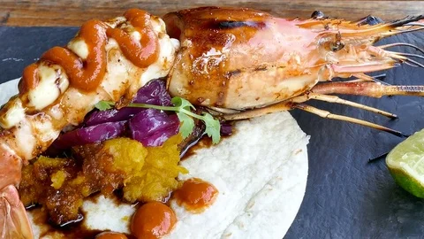 Grilled Prawns with sauce Stock Footage 79772102