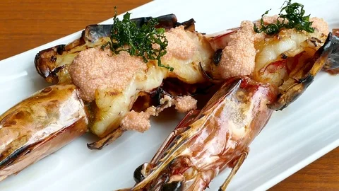 Grilled Prawns with sauce Stock Footage 81586805