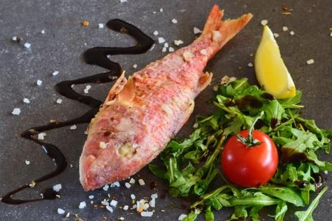 Grilled red mullet on a grey background with rucola salad, balsamic glaze Stock Photos