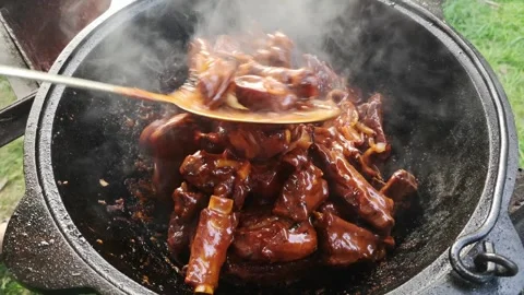 Grilled ribs. Ribs in a cauldron. Stock Footage 283462458