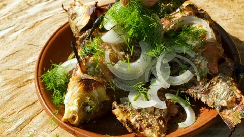 Grilled River Fish Served with Fresh Onion and Dill on Rustic Plate Stock Footage 328361652