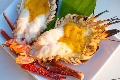 Grilled river giant prawn with spicy seafood sauce. Stock Photos