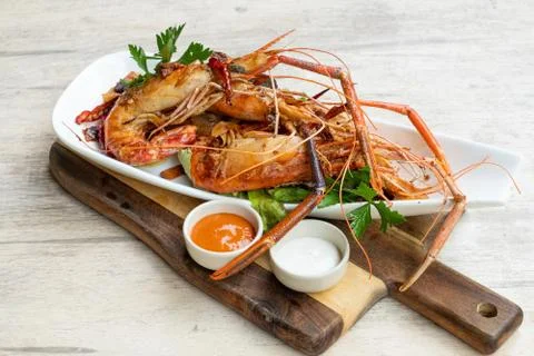 Grilled river prawns Foto stock