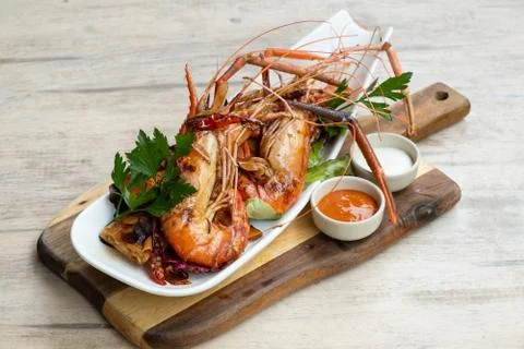 Grilled river prawns Stock Photos