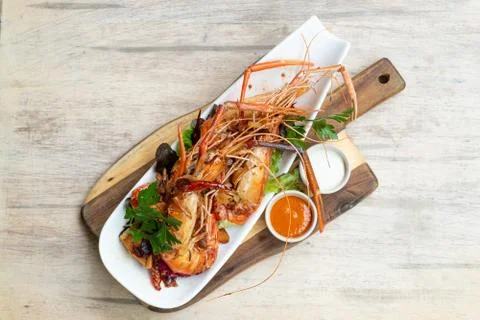 Grilled river prawns Stock Photos
