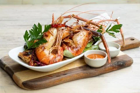 Grilled river prawns Stock Photos