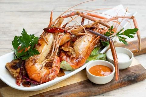 Grilled river prawns Foto stock